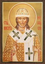 Икона "Никита Святитель (Новгородский)" 6х9 на МДФ-6