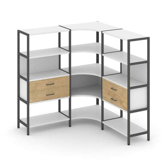 Shelf System Трехсекционный угловой стеллаж четырехярусный с ящиками SN.STMU-431 Белый/Тиквуд Светлы