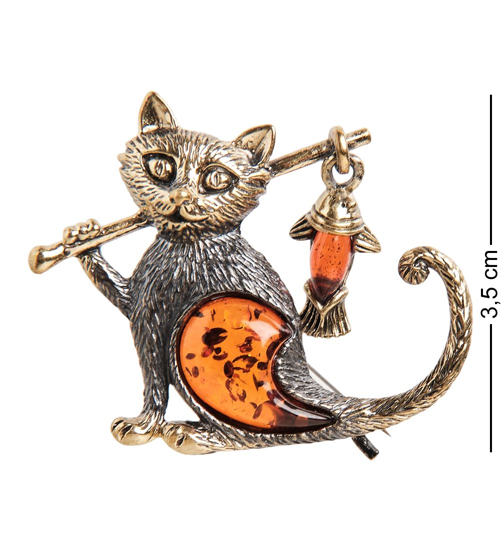 AM-2336 Брошь «Кот рыбак» (латунь, янтарь)