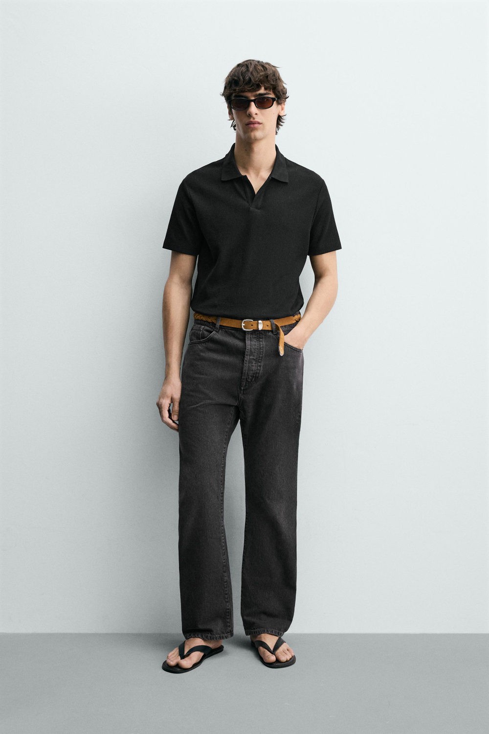 ZARA ПОЛО REGULAR FIT ИЗ ХЛОПКА С РЕЛЬЕФНЫМ УЗОРОМ, ЧЕРНЫЙ