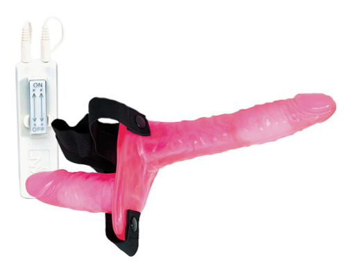 Поясной розовый виброфаллос с вагинальной пробкой - 17,5 см.