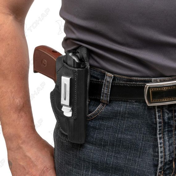 Кобура поясная к ПМ универсальная с пружиной для скрытого ношения(кожа) черная (HS-ПК-7ч) Helios