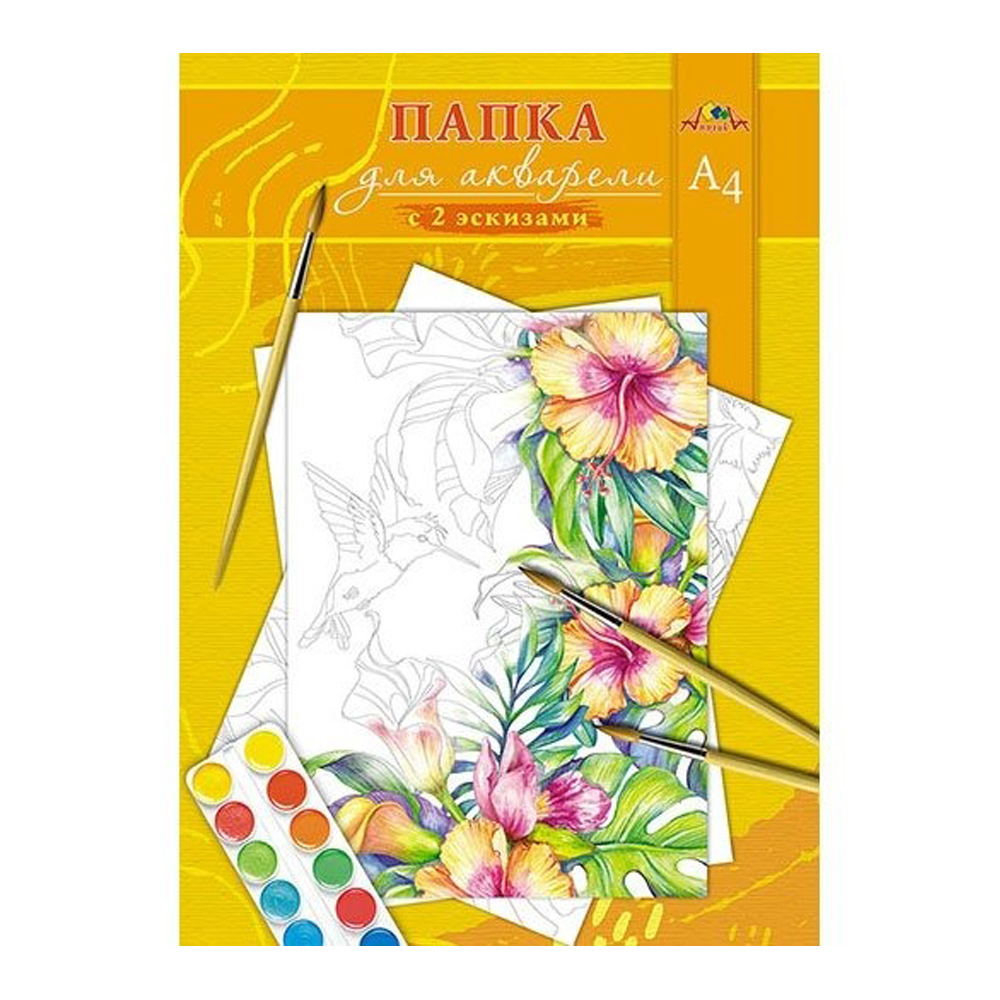 Бумага для акварели Апплика, формат А4, 10 листов, альбом-папка с 2-мя эскизами, серия "Цветы"