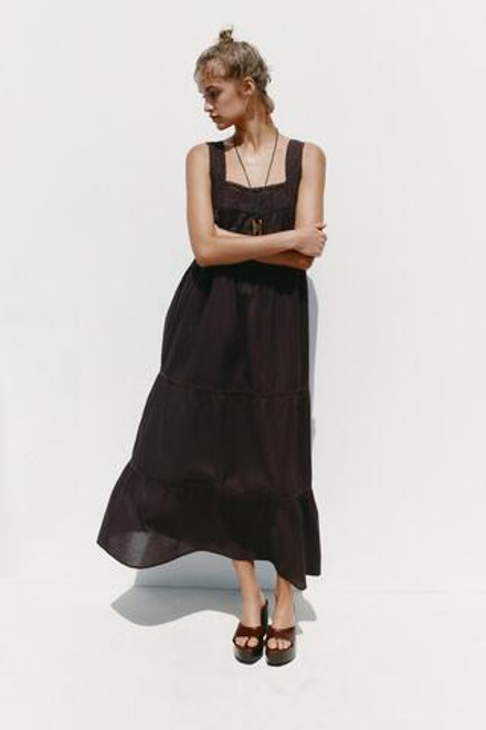 ZARA ПЛАТЬЕ С КРУЖЕВОМ И ВЫШИВКОЙ, КОРИЧНЕВЫЙ