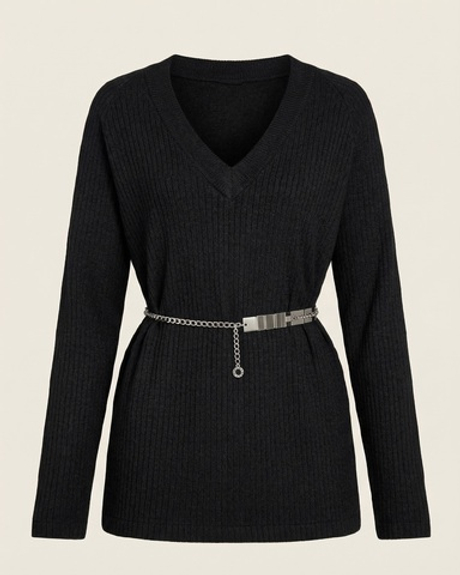 Джемпер с V-образным вырезом из шерсти ангорской овечки в черном оттенке