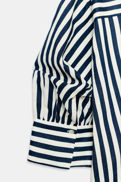ZARA РУБАШКА ИЗ СМЕСОВОГО ЛЬНА С ОБЪЕМНЫМИ РУКАВАМИ, СИНИЙ/БЕЛЫЙ