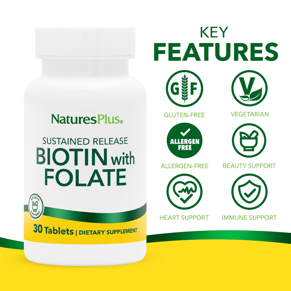 NaturesPlus, биотин и фолат длительного высвобождения, 30 таблеток