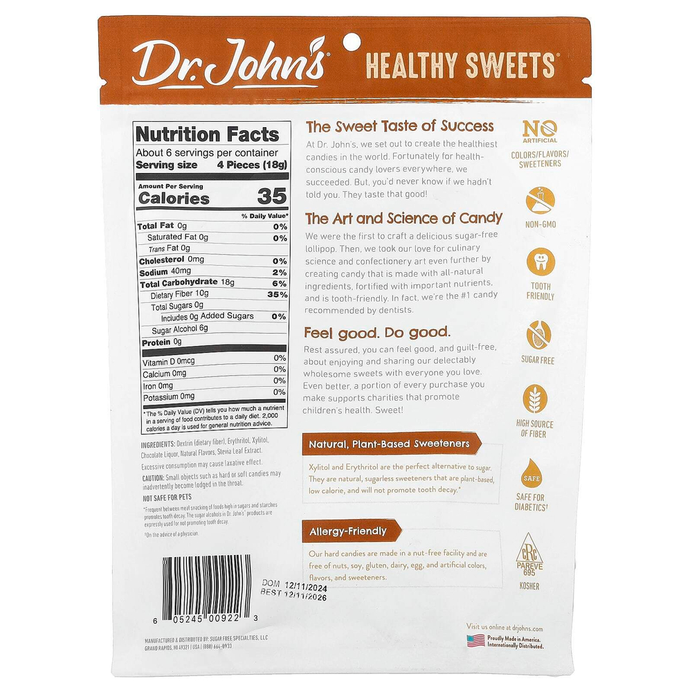 Dr. John's Healthy Sweets, Шоколадная карамель с клетчаткой, без сахара, 109 г (3,85 унции)