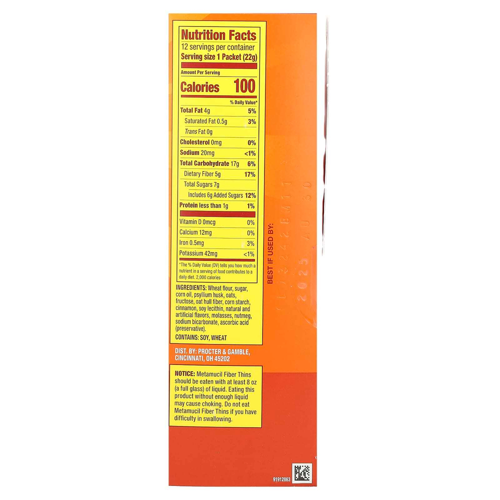 Metamucil, Fiber Thins, корица, 12 пакетиков по 22 г (0,77 унции)