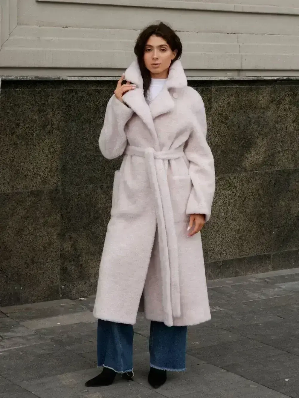 Шуба чебурашка пальто тедди из шерсти, жемчужная, SilverFox