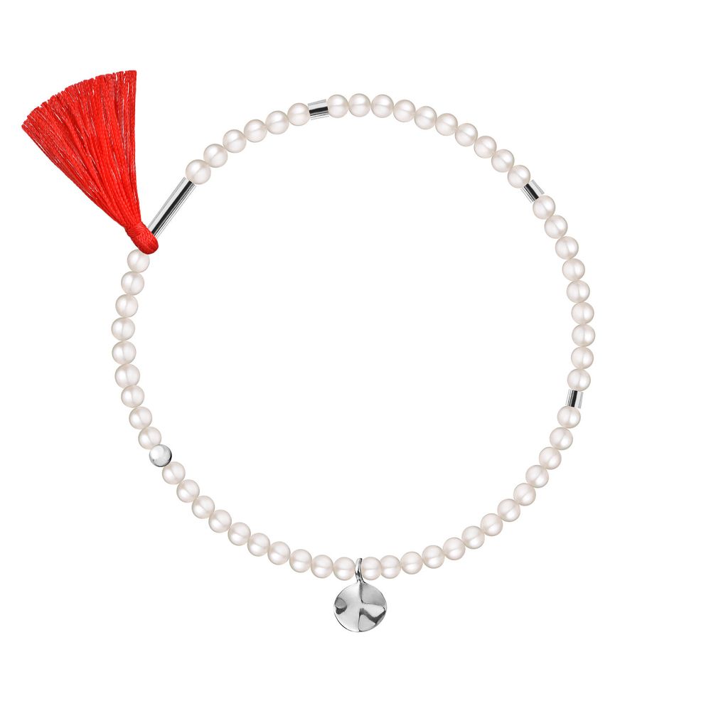 браслет из круглого жемчуга с красной кистью и серебром