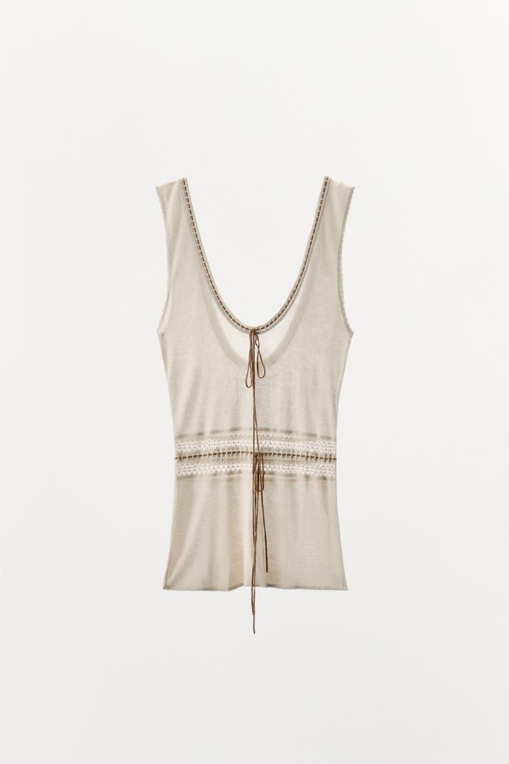 ZARA ТРИКОТАЖНЫЙ ТОП С КОНТРАСТНОЙ ОТДЕЛКОЙ, БЕЖЕВЫЙ