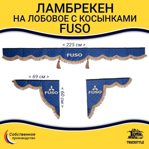 Ламбрекен с косынками стеганые FUSO (экокожа, синий, коричневые кисточки)