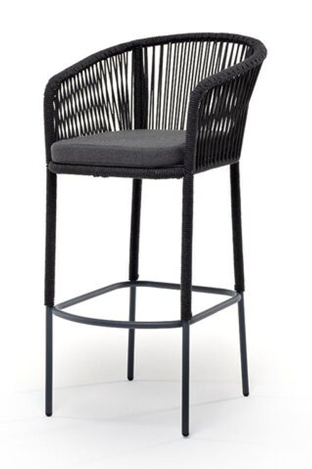 "Марсель" стул барный плетеный из роупа, каркас из стали серый (RAL7022) муар, роуп темно-серый круглый, ткань темно-серая 027