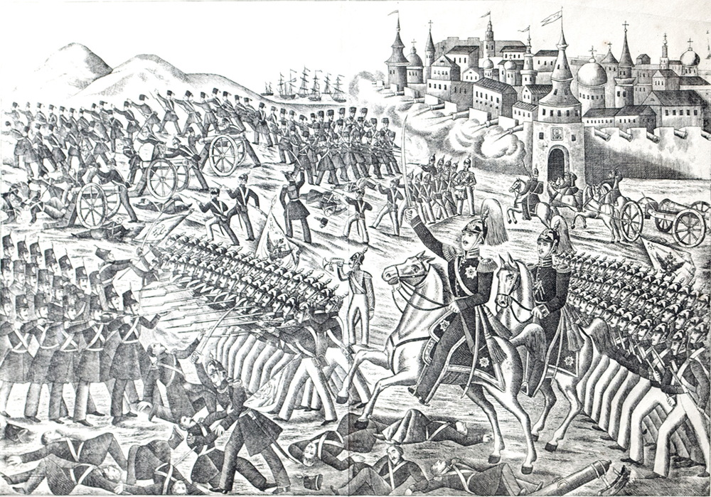 Сражение при Севастополе при большой вылазки под командою Генерал майор. Гравюра. Лубок 1867.