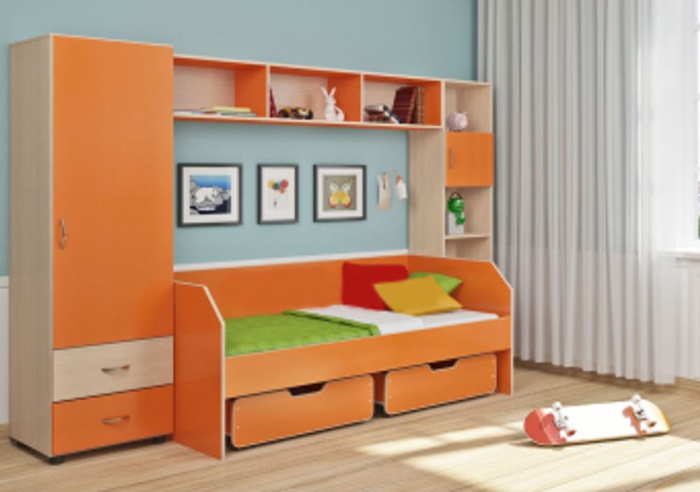 Детская стенка КарИВи Л-№1  Дуб Молочный Оранжевый