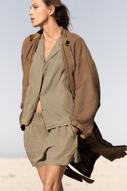 ZARА ШОРТЫ ИЗ 100% ЛЬНА — ZW COLLECTION, СЕРО-КОРИЧНЕВЫЙ