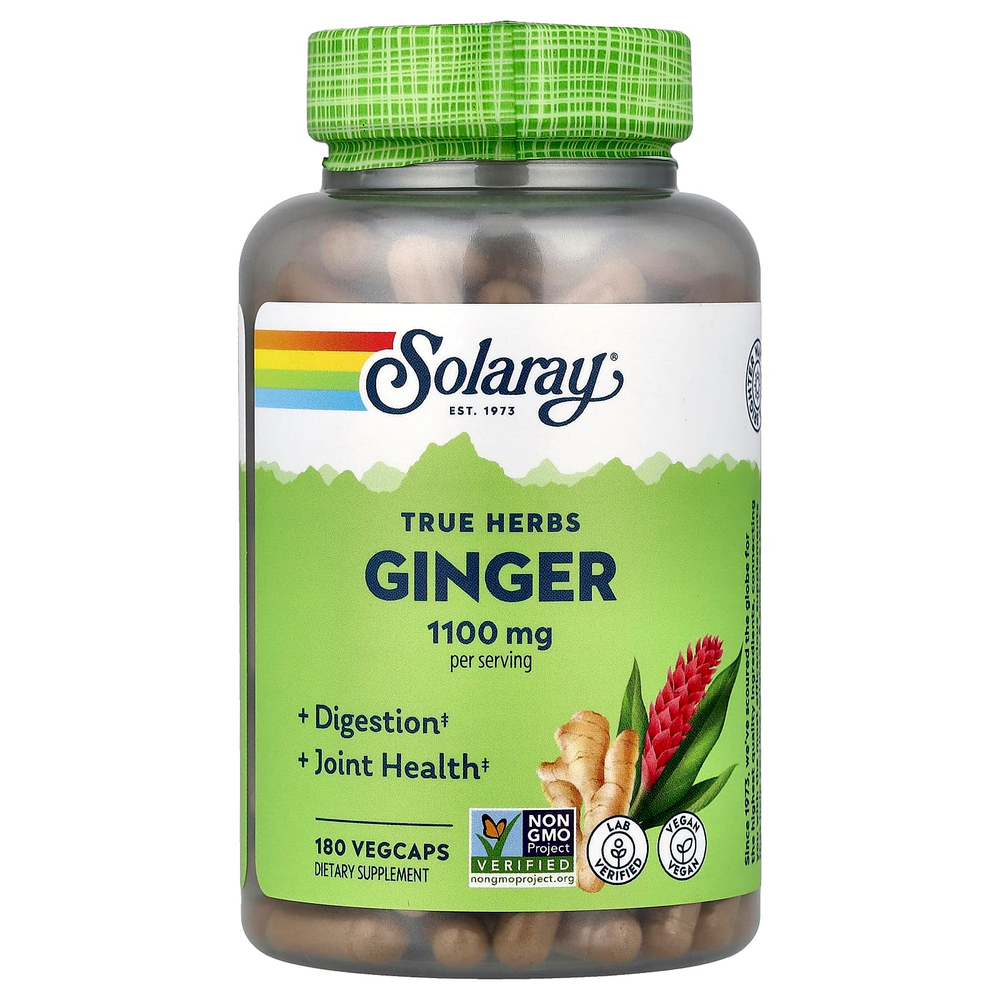 Solaray, True Herbs, имбирь, 180 растительных капсул (550 мг в 1 капсуле)