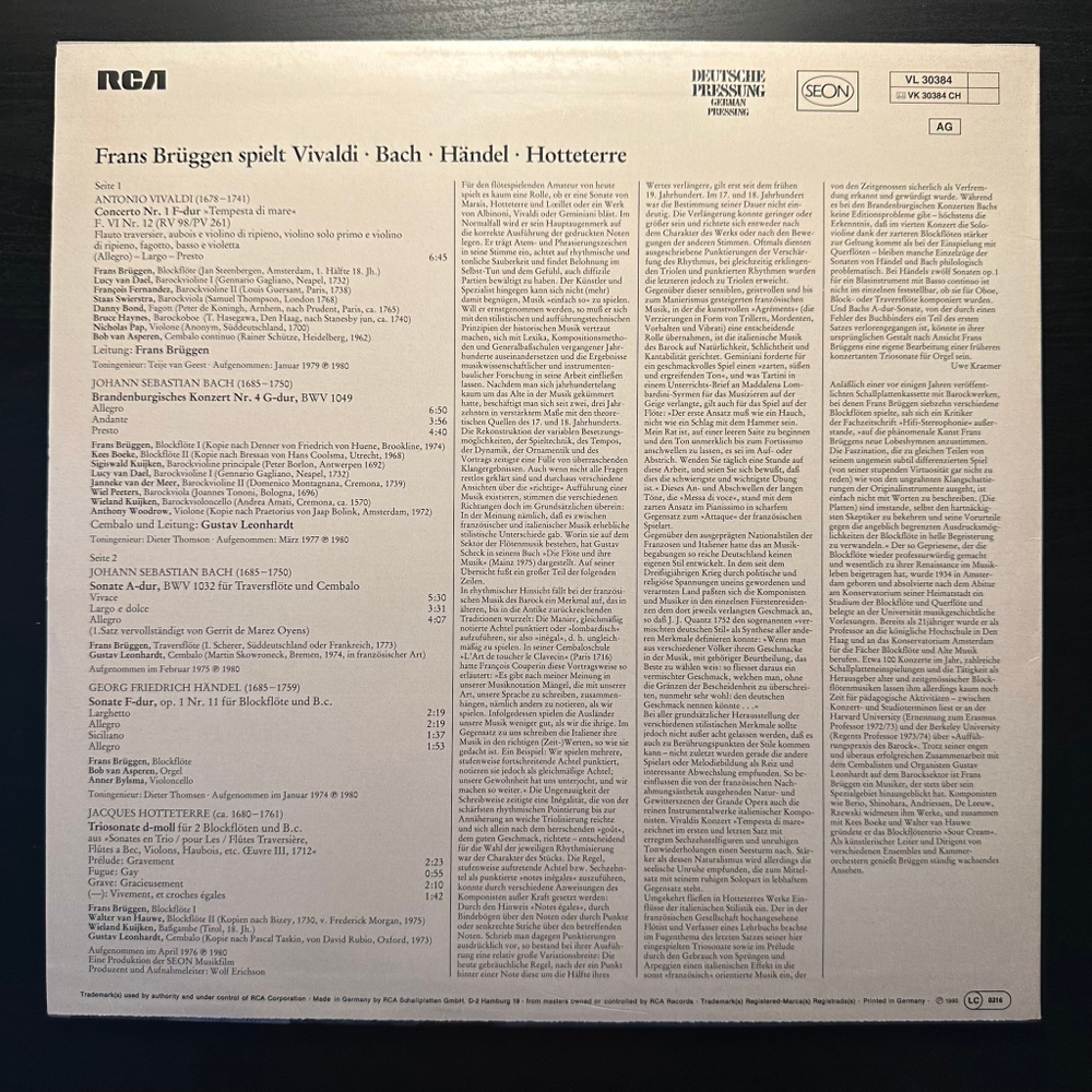 Франс Брюгген - Вивальди, Бах, Гендель, Оттетер (Европа 1980г.)
