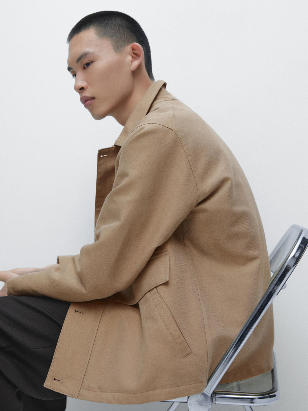 Massimo Dutti Куртка из смесового льна с карманами, бежевый