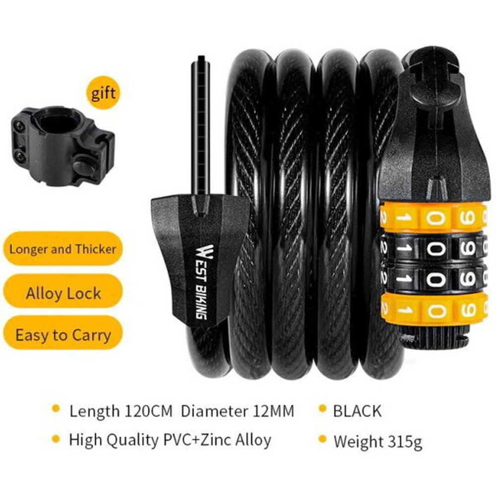 Замок навесной, тросовый West Biking YP0705061, 1200 мм