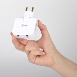 Разветвитель электрический ЭРА SPF-2-FL-USB поворотный на 2 розетки + 2USB 10А белый | Электротовары
