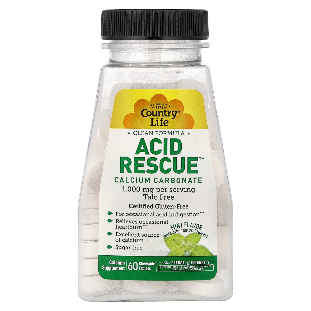 Country Life, Acid Rescue™, карбонат кальция, мятный вкус, 60 жевательных таблеток