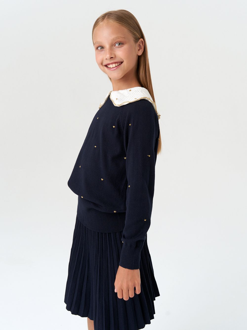 Джемпер для девочки с длинным рукавом AT977-1 синий-золотистый