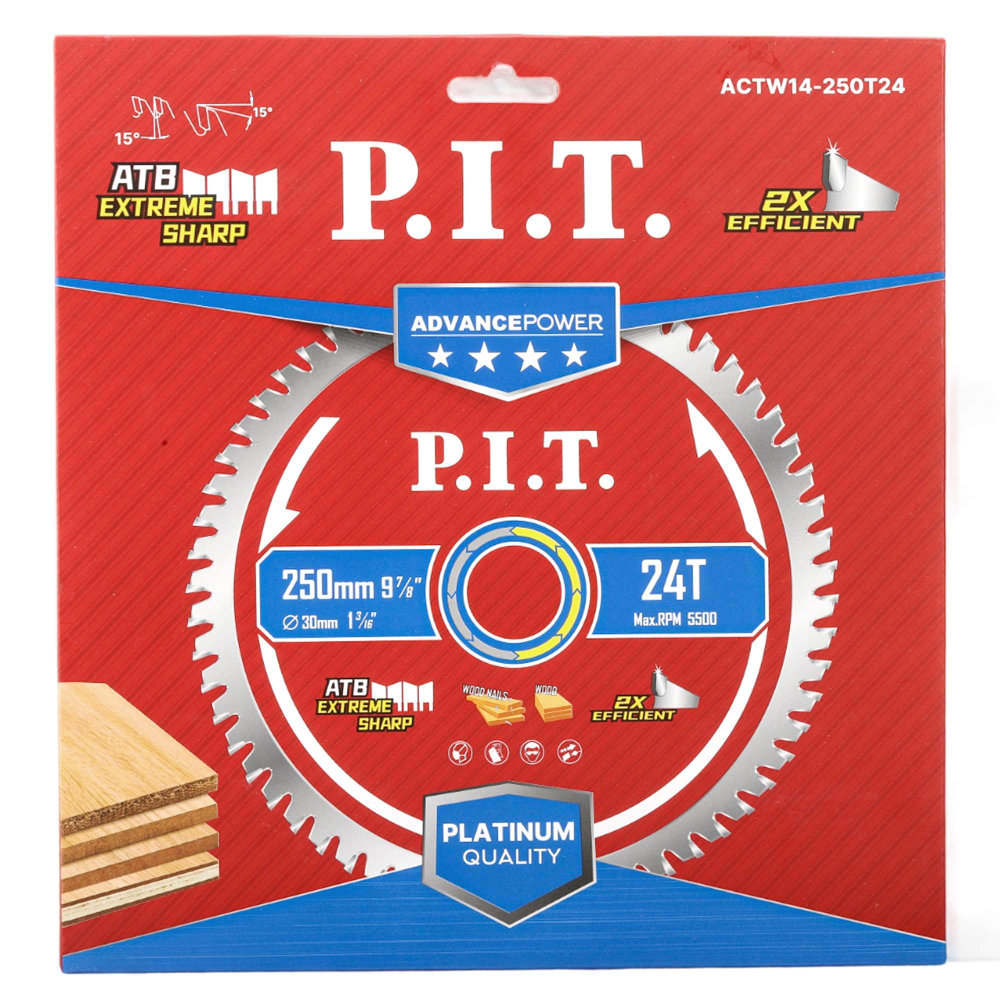 Диск пильный по дереву PIT  250x30x2,2 мм, 24T Carbide, зуб ATB 15° (ACTW14-250T24)