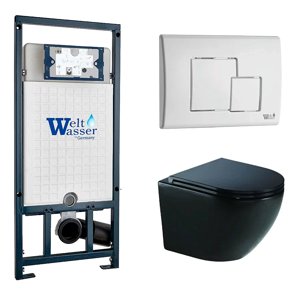 Унитаз подвесной WeltWasser MARBERG 507 + MERZBACH 043 GL-BL + MAR 507 SE GL-WT черный глянцевый, безободковый, с крышкой микролифт, слив-торнадо, с инсталляцией и белой глянцевой кнопкой