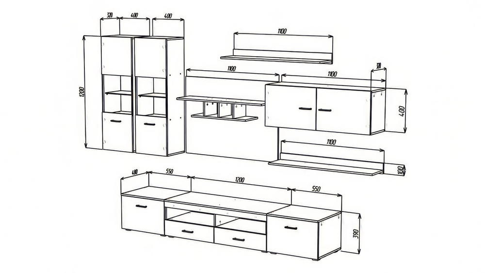 Гостиная Джанг Черный 0190 / Дуб Экспресив Бронзовый K090 310*48*200 см, Черный, Дуб Экспресив Бронзовый   Фиеста
