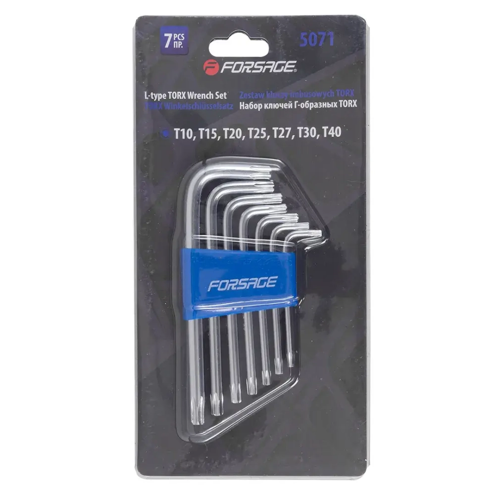 Набор ключей Г-образных TORX 7пр.(Т10,Т15,Т20,Т25,Т27,Т30,Т40)в пластиковом держателе Forsage F-5071