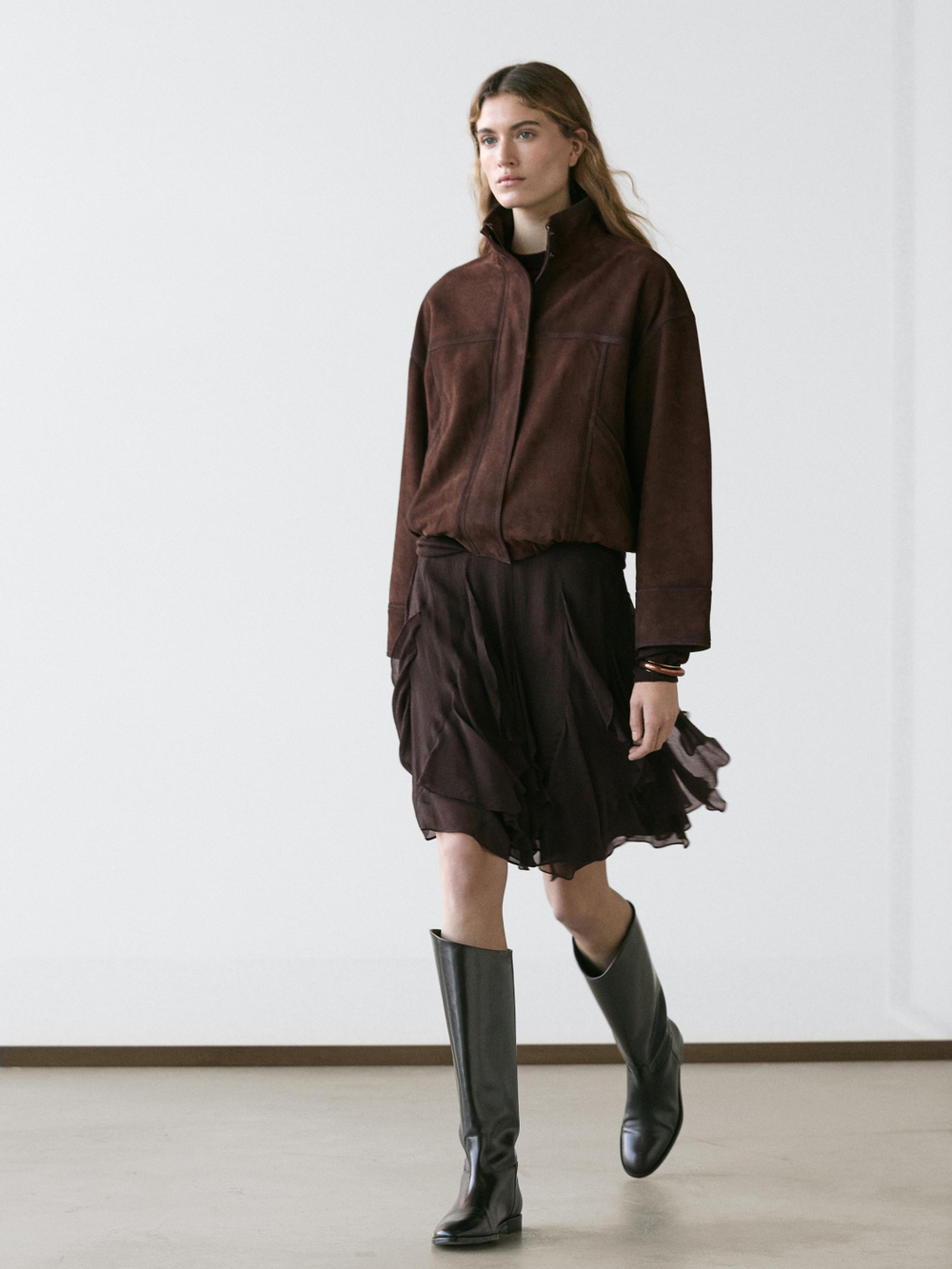 Massimo Dutti Асимметричная юбка с оборками, коричневый