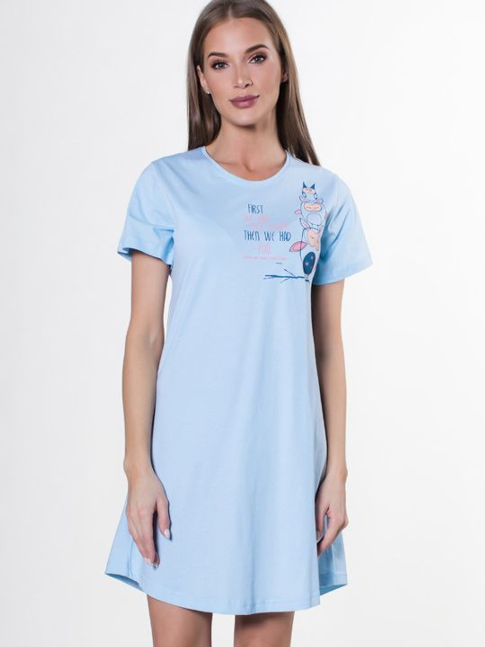 Хлопковая сорочка с коротким рукавом и принтом (Размер: L) (Цвет: голубой)