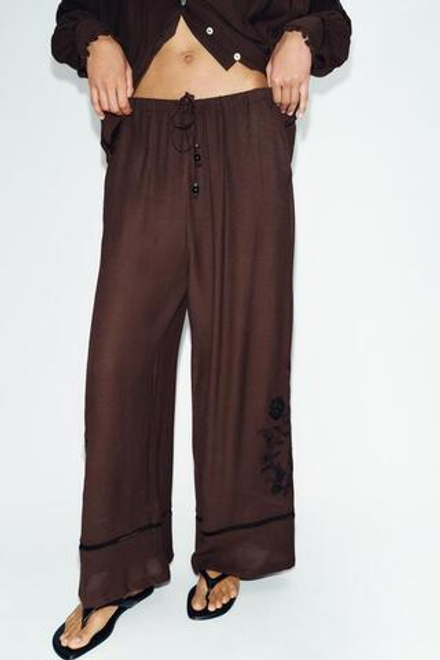 ZARA ШИРОКИЕ БРЮКИ С ВЫШИВКОЙ И КРУЖЕВНЫМИ ВСТАВКАМИ, КОРИЧНЕВЫЙ