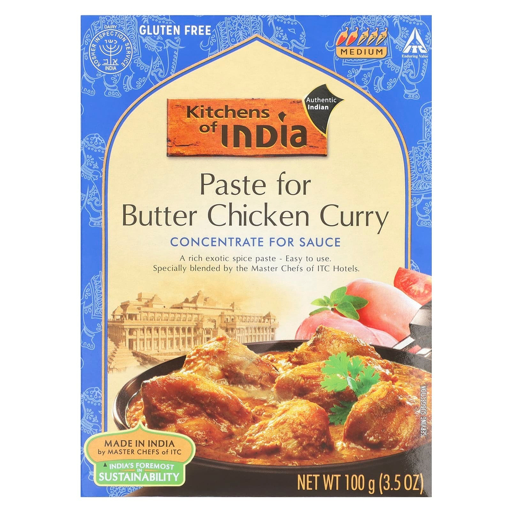 Kitchens of India, паста для приготовления карри из курицы в сливочно-томатном соусе, концентрат для приготовления соуса, неострая, 100 г (3,5 унции)
