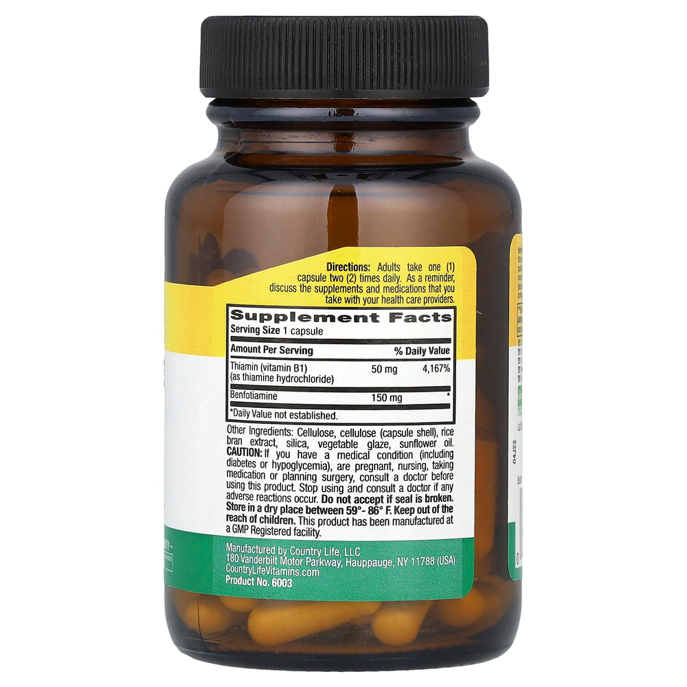 Country Life, Бенфотиамин, с коферментом B1, 150 мг, 60 растительных капсул