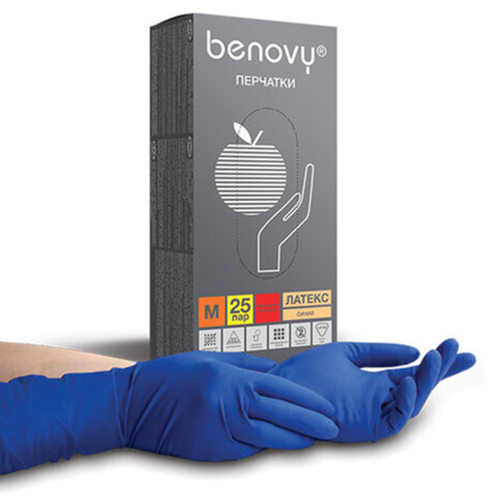 Перчатки латексные смотровые 25 пар (50 штук), прочные, размер 8-9, L (большой), BENOVY High Risk