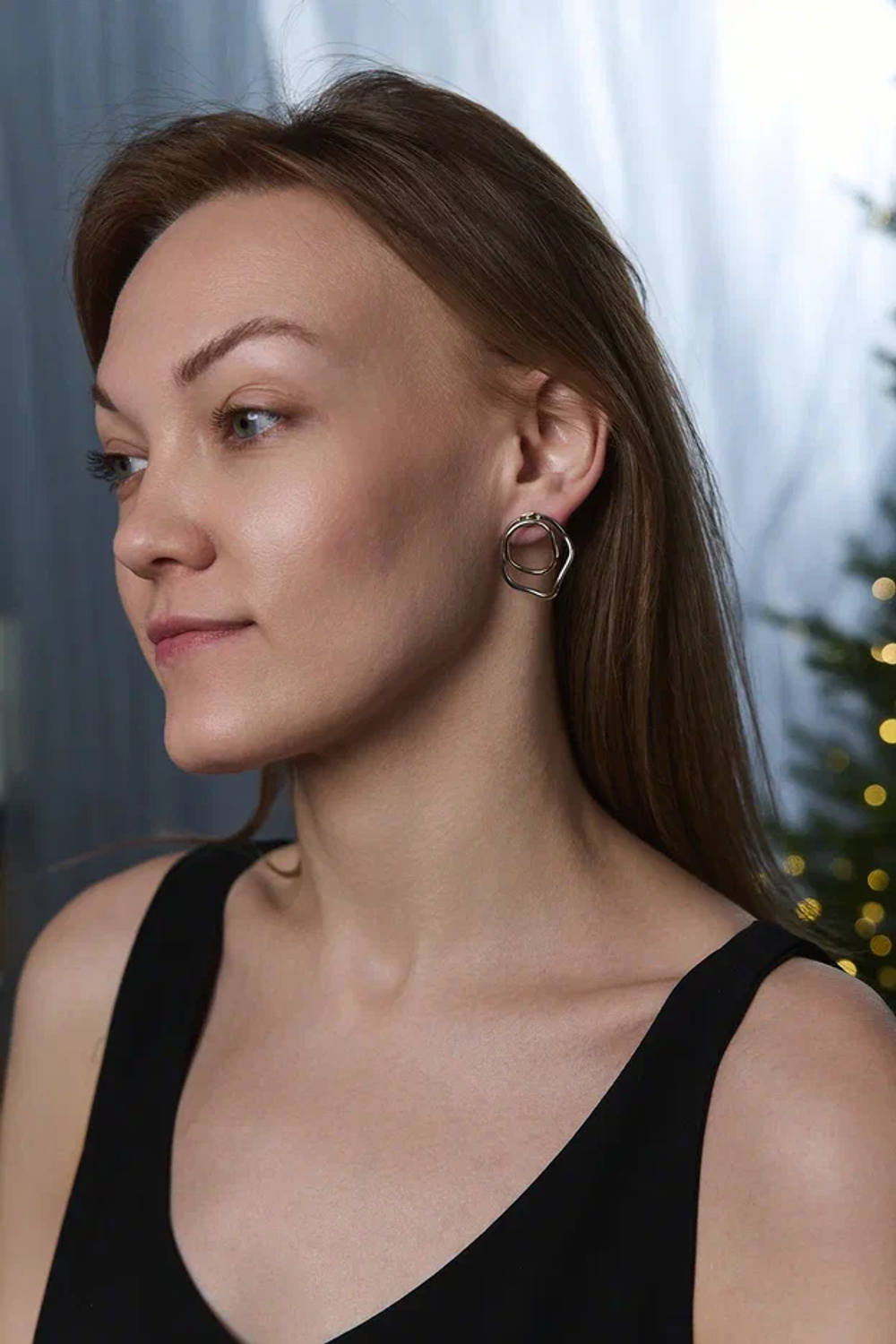 Серьги пусеты двойные неровные круги,оттенки золото и серебро