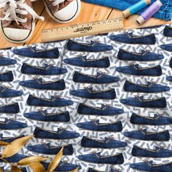 Ткань футер 2-х нитка синие туфли на белом фоне с рисунком