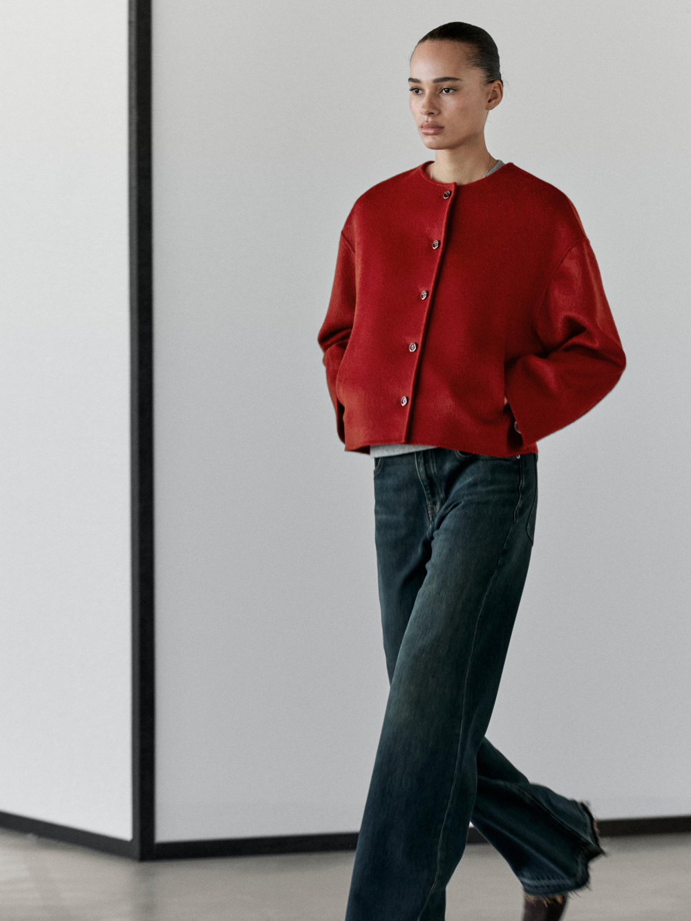 Massimo Dutti Куртка из смесовой шерсти с декоративными швами, красный