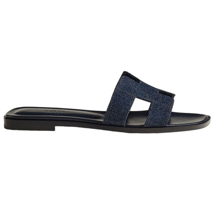 Hermes Oran denim open-toed one-word fashion sandals women's blue, H211242Z 49