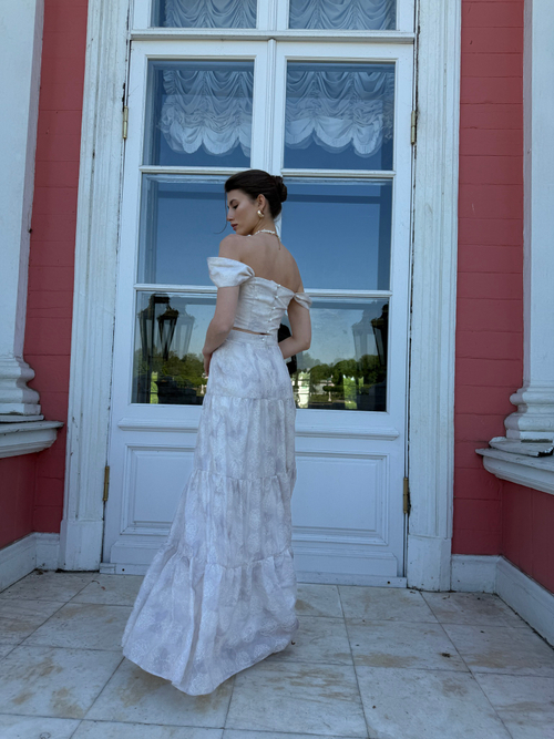 Юбка из органзы с вышивкой с воланами макси