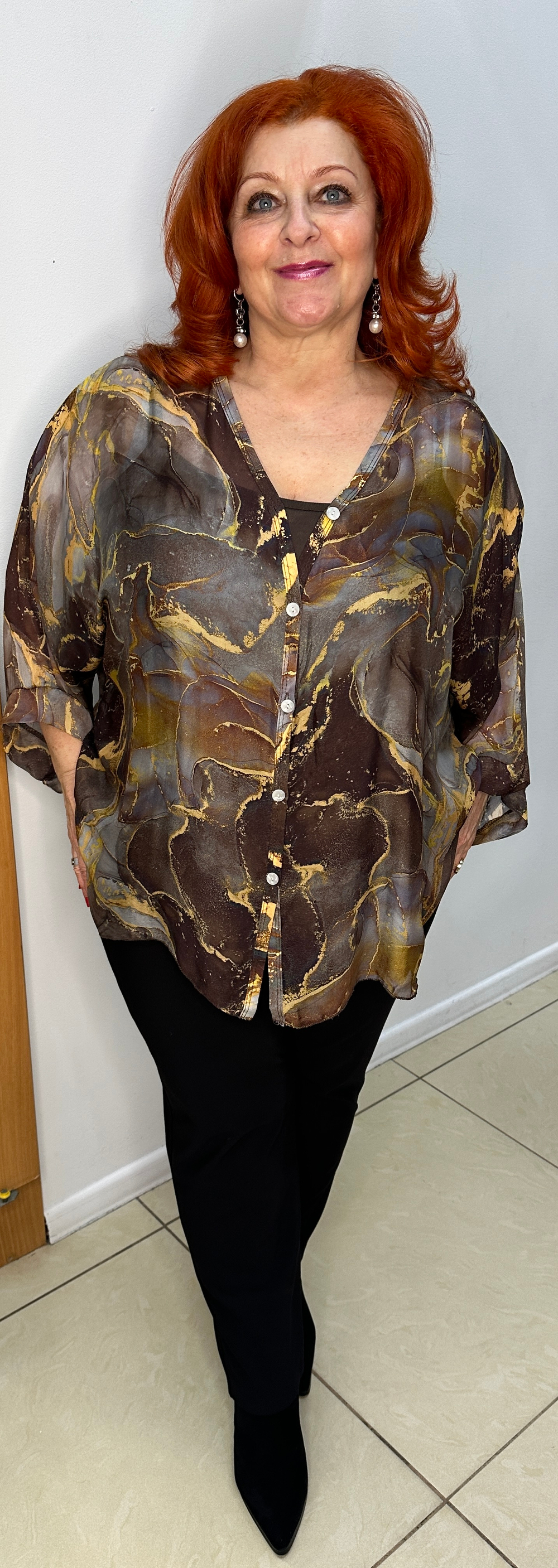 Двойка: итальянский шифоновый блузон с коричневой трикотажной маечкой