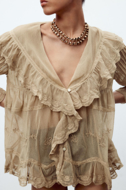 ZARA ТОП ИЗ ПОЛУПРОЗРАЧНОЙ ТКАНИ С ВЫШИВКОЙ И ВОЛАНАМИ, КАМЕННО-СЕРЫЙ