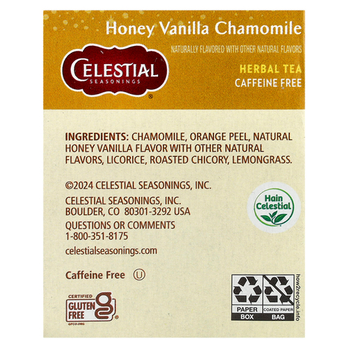 Celestial Seasonings, травяной чай, со вкусом меда, ванили и ромашки, без кофеина, 20 чайных пакетиков, 47 г (1,7 унции)