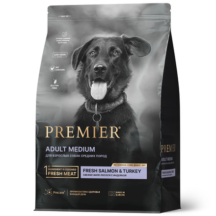 Сухой корм Premier Dog Salmon&Turkey ADULT Medium для собак средних пород свежее филе лосося с индейкой 1 кг