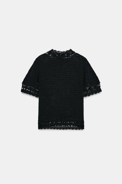 ZARA ТРИКОТАЖНЫЙ ТОП С ВЫСОКИМ ВОРОТНИКОМ И ЦВЕТОЧНЫМИ ДЕТАЛЯМИ, ЧЕРНЫЙ