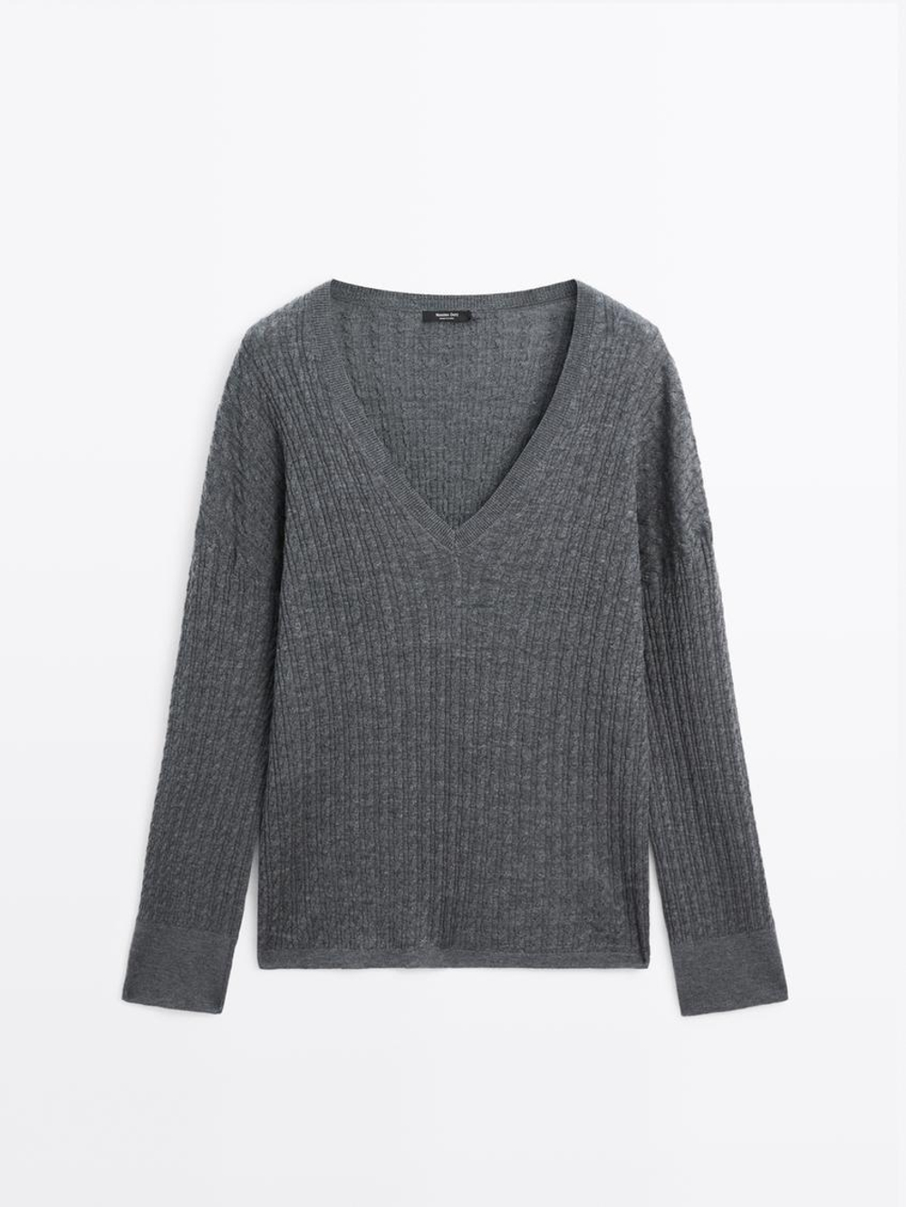 Massimo Dutti Свитер косовой вязки с V-образным вырезом, серый