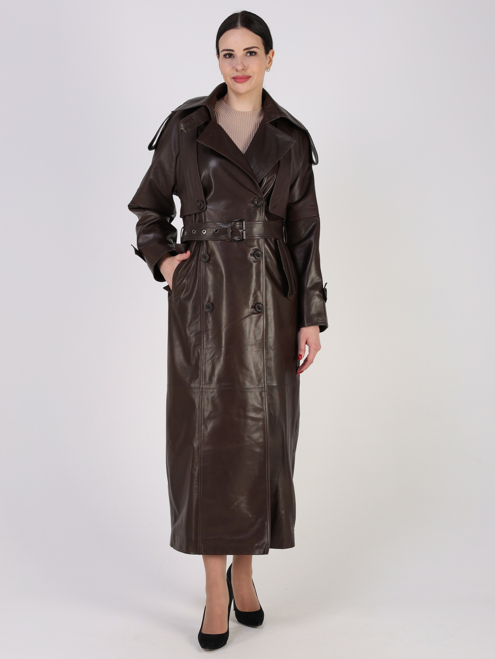 Тренч длинный кожаный с поясом плащ